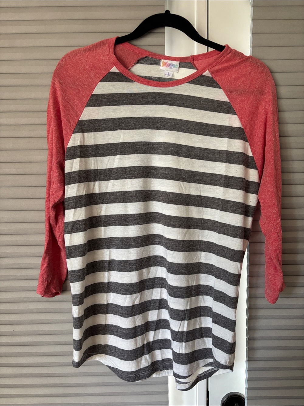 LuLaRoe Long-Sleeve Raglan Tee in Coral and Gray Stripes